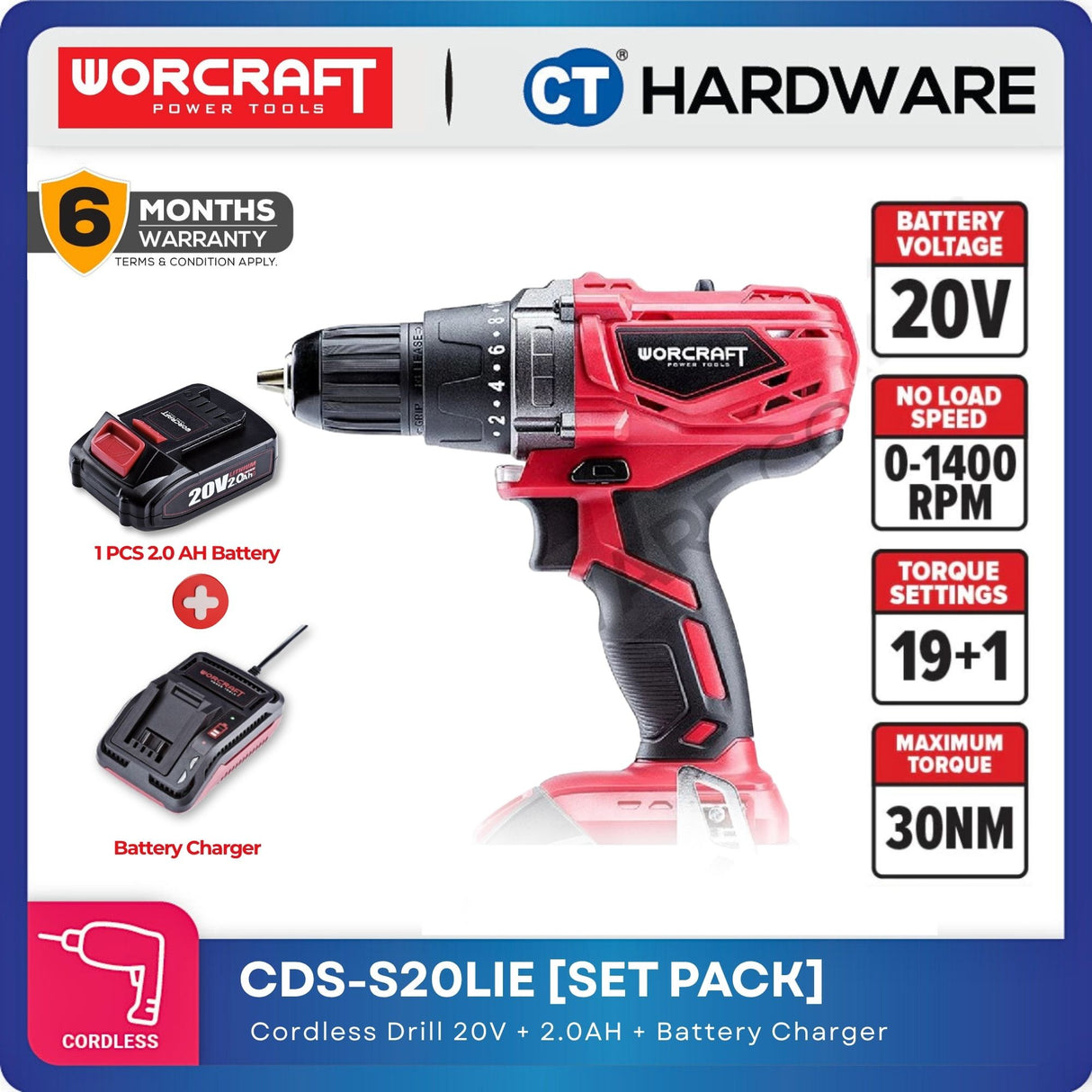WORCRAFT CD-S20LIE CORDLESS DRILL 20V [ CDS20LIE ] [Set Pack with 2.0AH Battery]