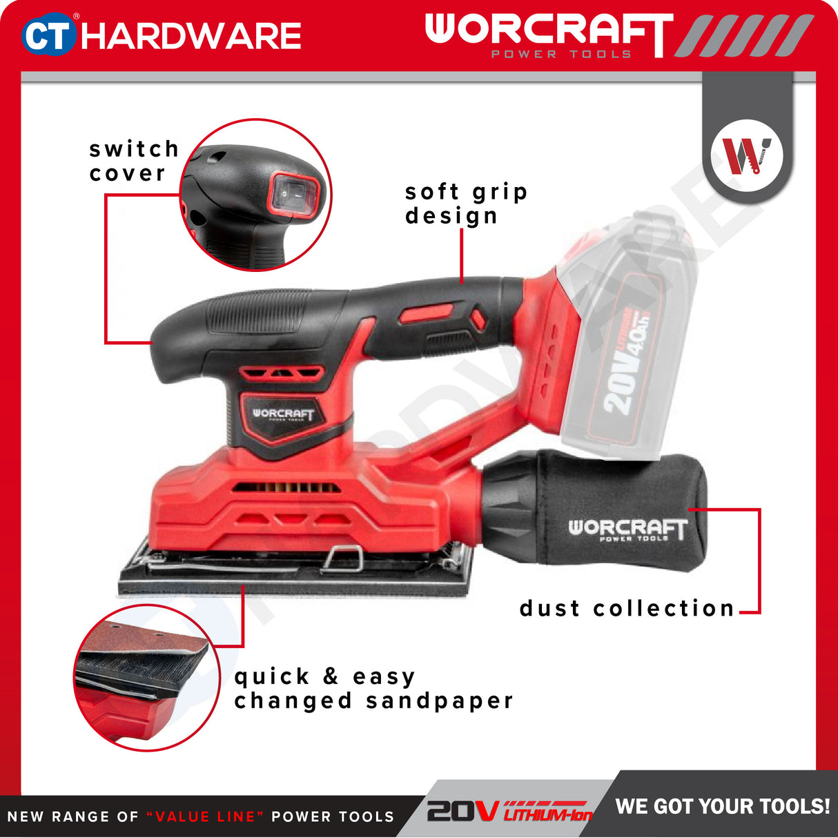 WORCRAFT CFS-S20LI CORDLESS FINISHING SANDER 20V | 13000RPM | PAD SIZE 90x187MM [Set Pack with 2.0AH Battery]