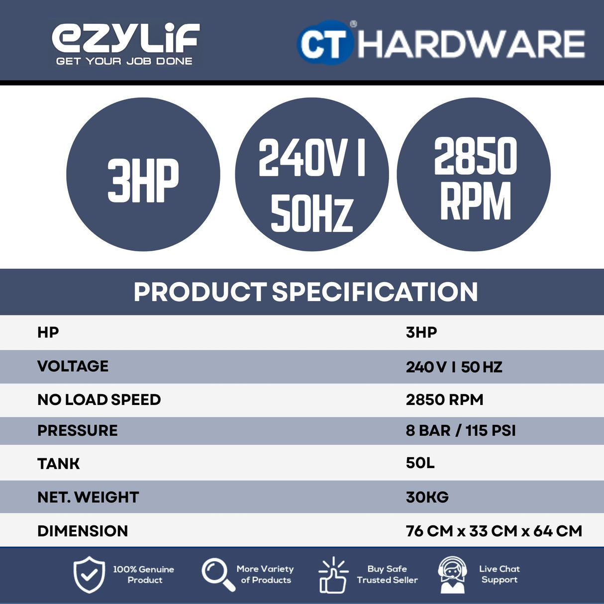 EZYLIF CG50T 50L 3HP Portable Air Compressor 8-Bar