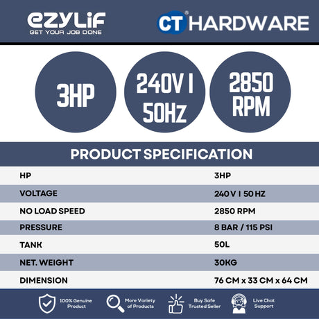 EZYLIF CG50T 50L 3HP Portable Air Compressor 8-Bar