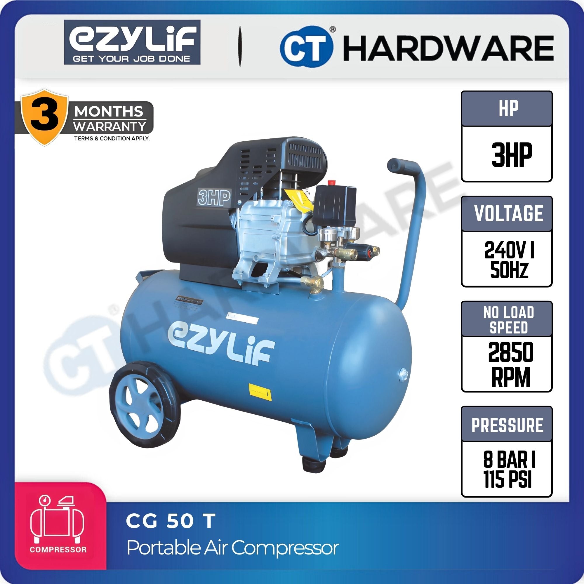 EZYLIF CG50T 3HP 50L Air Compressor – 8 Bar Portable Unit – CT
