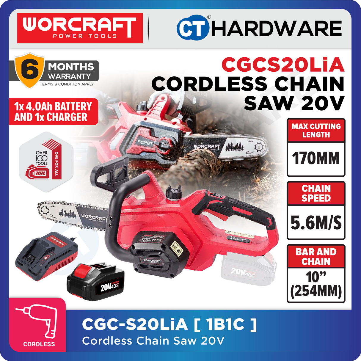 WORCRAFT CGC-S20LiA CORDLESS CHAIN SAW 20V | 10" | 170MM | 5.6M/S [ CGCS20LIASOLO ]