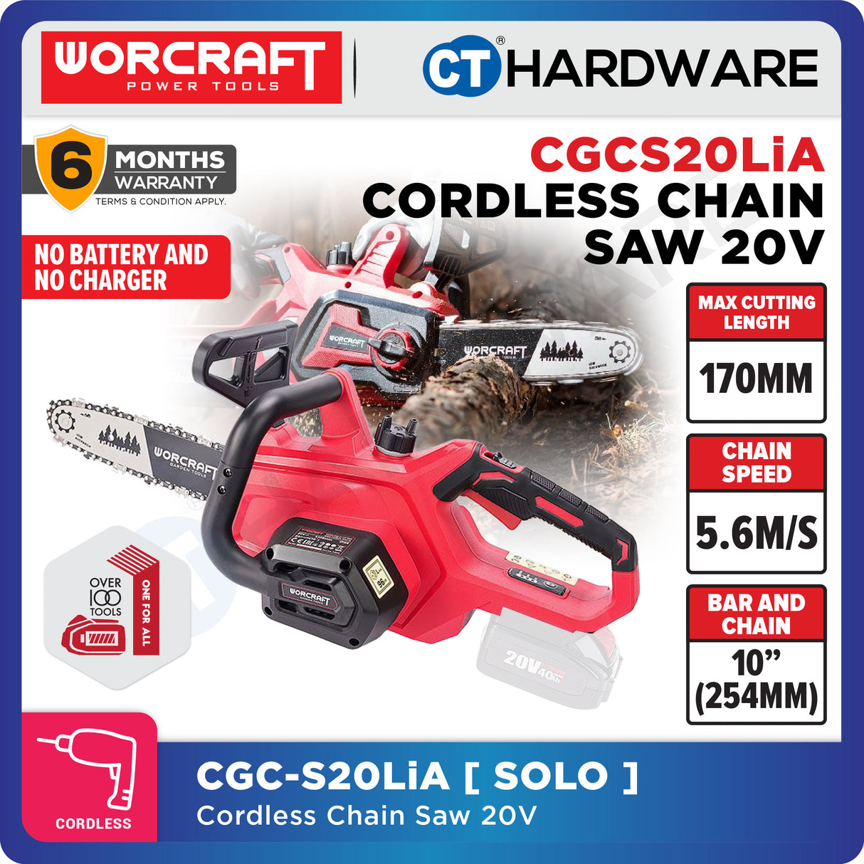 WORCRAFT CGC-S20LiA CORDLESS CHAIN SAW 20V | 10" | 170MM | 5.6M/S [ CGCS20LIASOLO ]