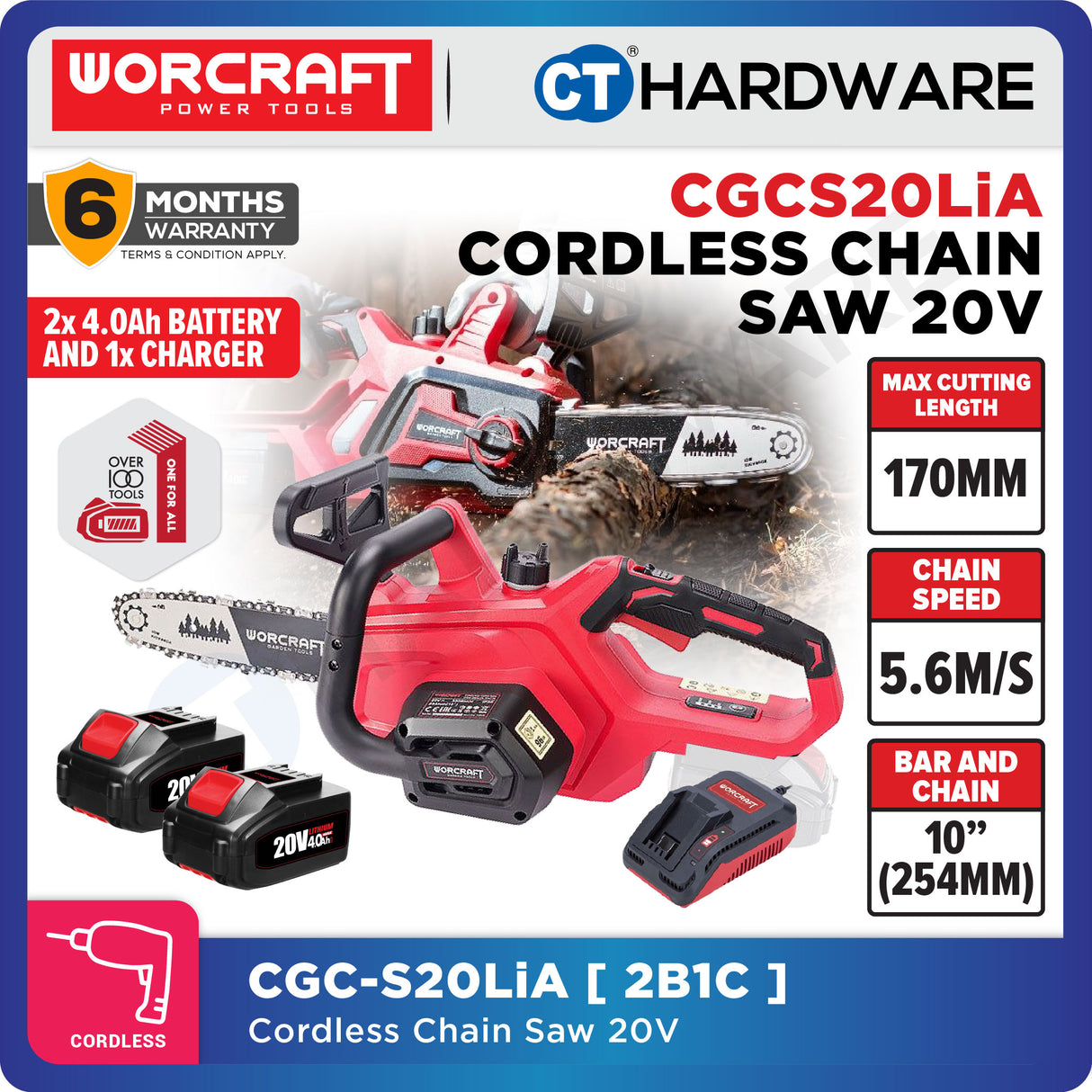 WORCRAFT CGC-S20LiA CORDLESS CHAIN SAW 20V | 10" | 170MM | 5.6M/S [ CGCS20LIASOLO ]