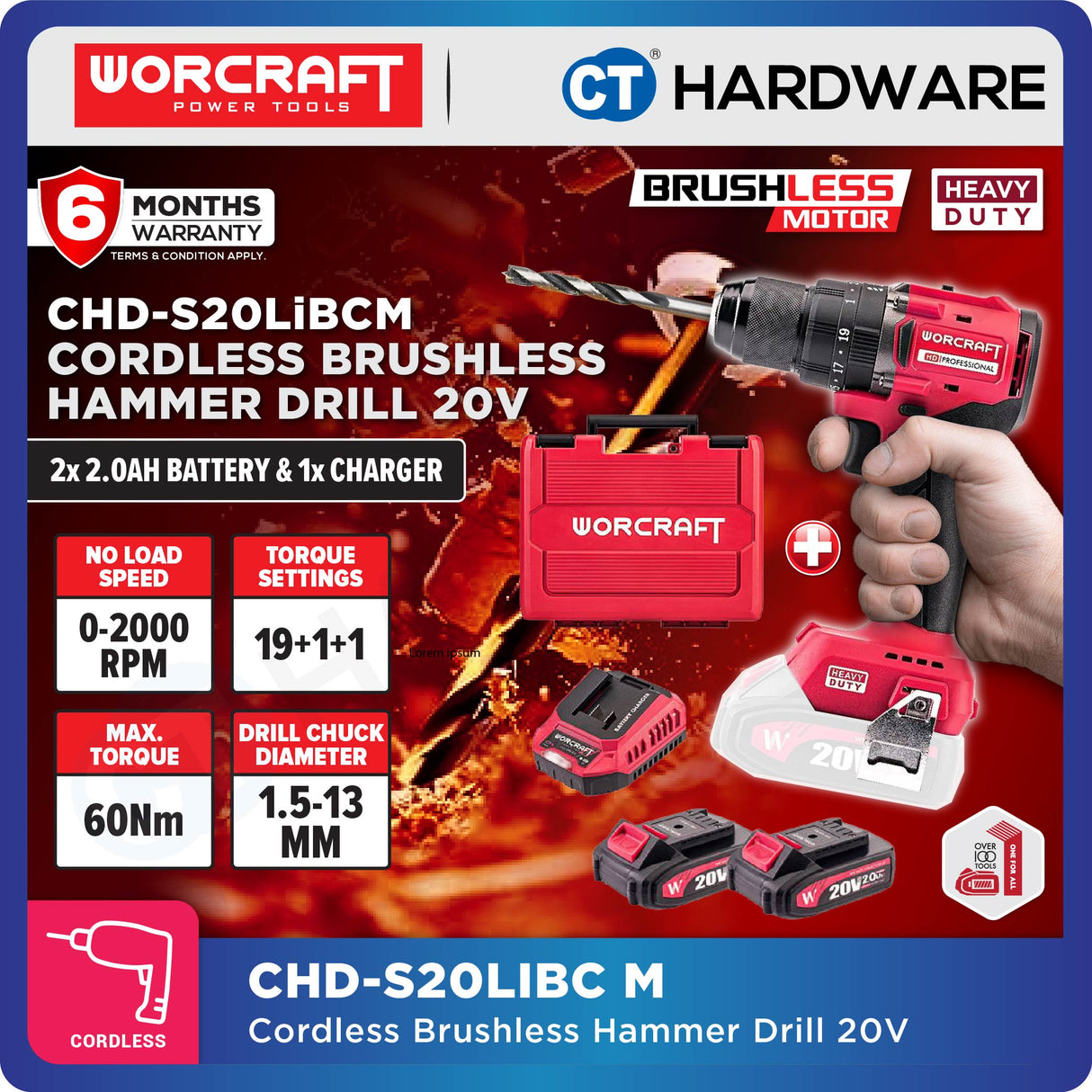 Worcraft CHD-S20LIBC-SOLO | CHD-S20LIBCM Cordless Brushless Hammer Drill 20V [ CHDS20LIBCSOLO | CHDS20LIBCM ]