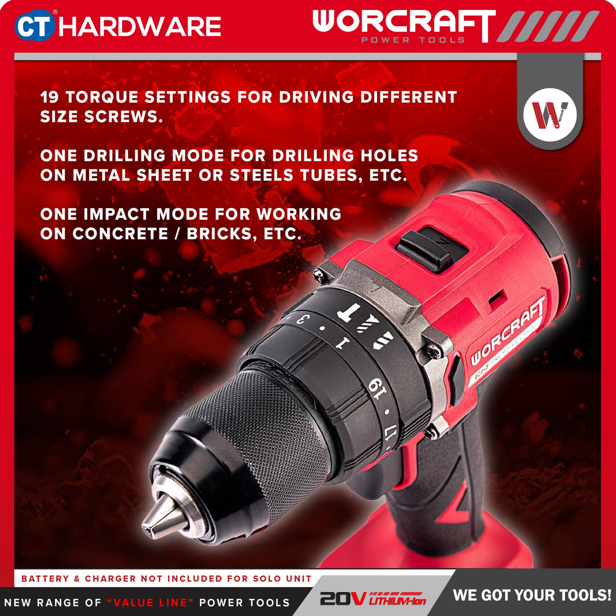 Worcraft CHD-S20LIBC-SOLO | CHD-S20LIBCM Cordless Brushless Hammer Drill 20V [ CHDS20LIBCSOLO | CHDS20LIBCM ]