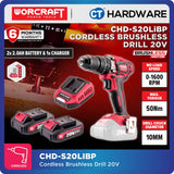 Worcraft CHD-S20LIBP Cordless Brushless Impact Drill Mesin Drill Tukul 20V come with 2x 2.0Ah Battery & 1x Charger