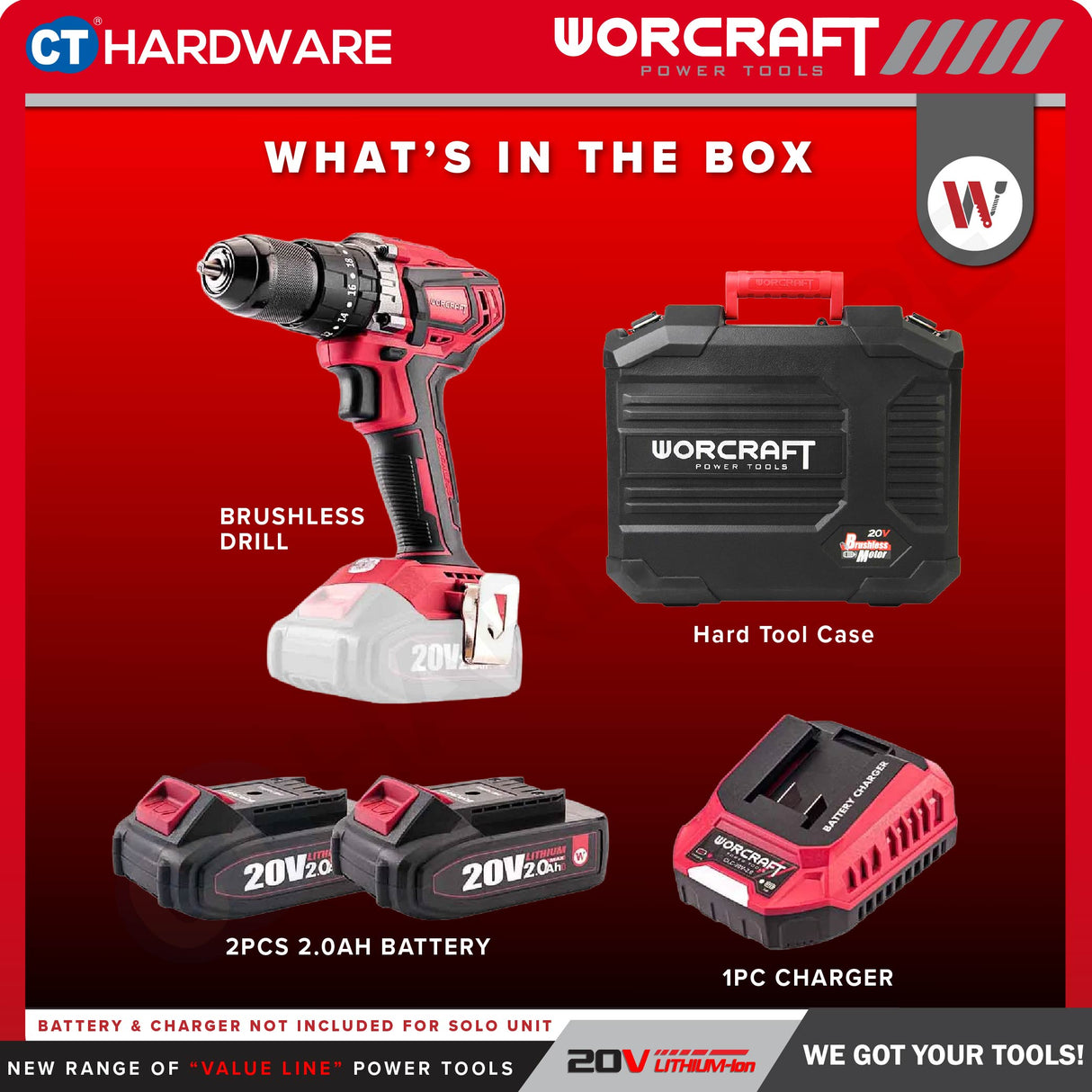 Worcraft CHD-S20LIBP Cordless Brushless Impact Drill Mesin Drill Tukul 20V come with 2x 2.0Ah Battery & 1x Charger