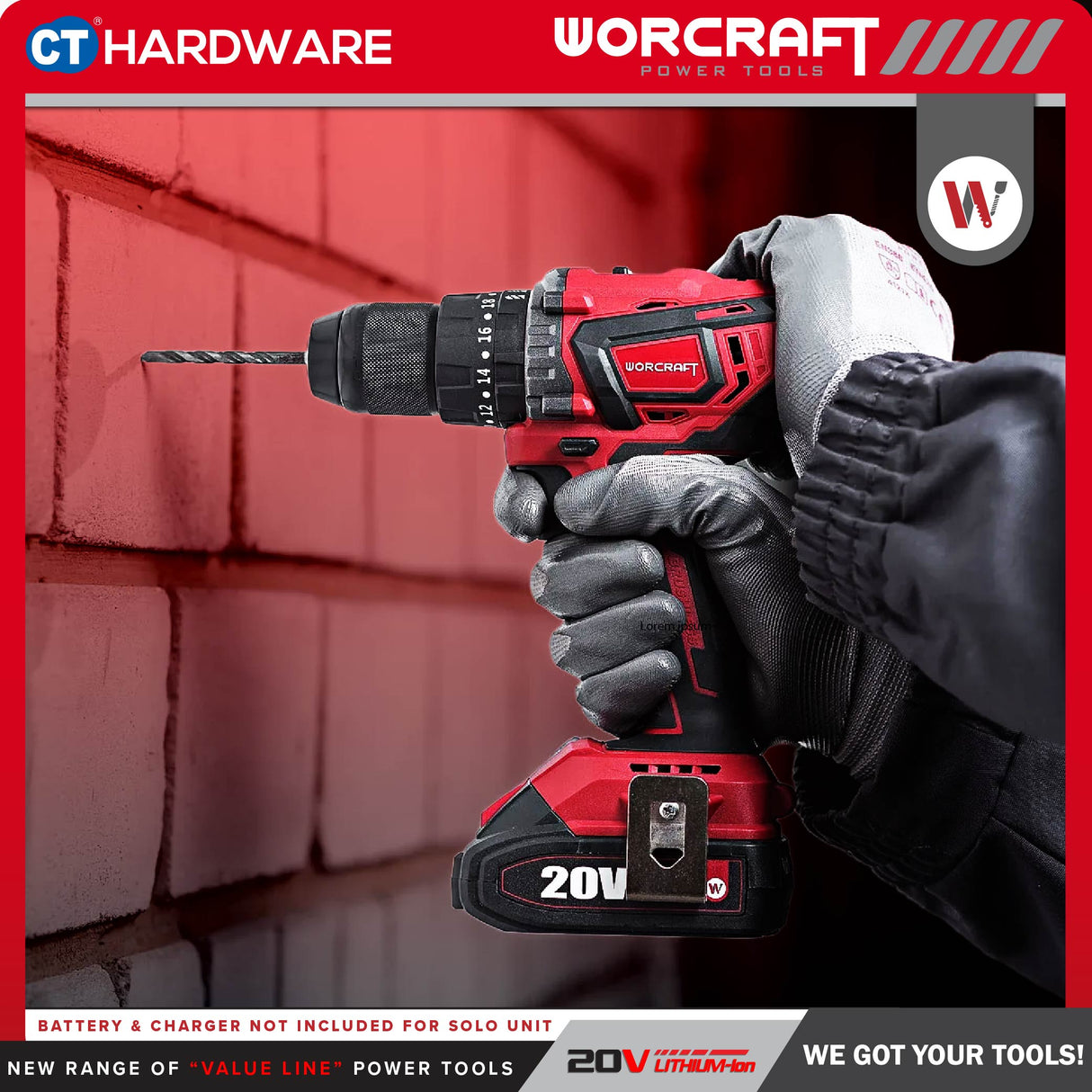 Worcraft CHD-S20LIBP Cordless Brushless Impact Drill Mesin Drill Tukul 20V come with 2x 2.0Ah Battery & 1x Charger