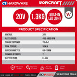 WORCRAFT CHD-S20LiBAS CORDLESS BRUSHLESS IMPACT DRILL 20V | 10MM | 50NM COME WITH 2x 2.0Ah BATTERY, 1PC CHARGER & 74 ACCESSORIES