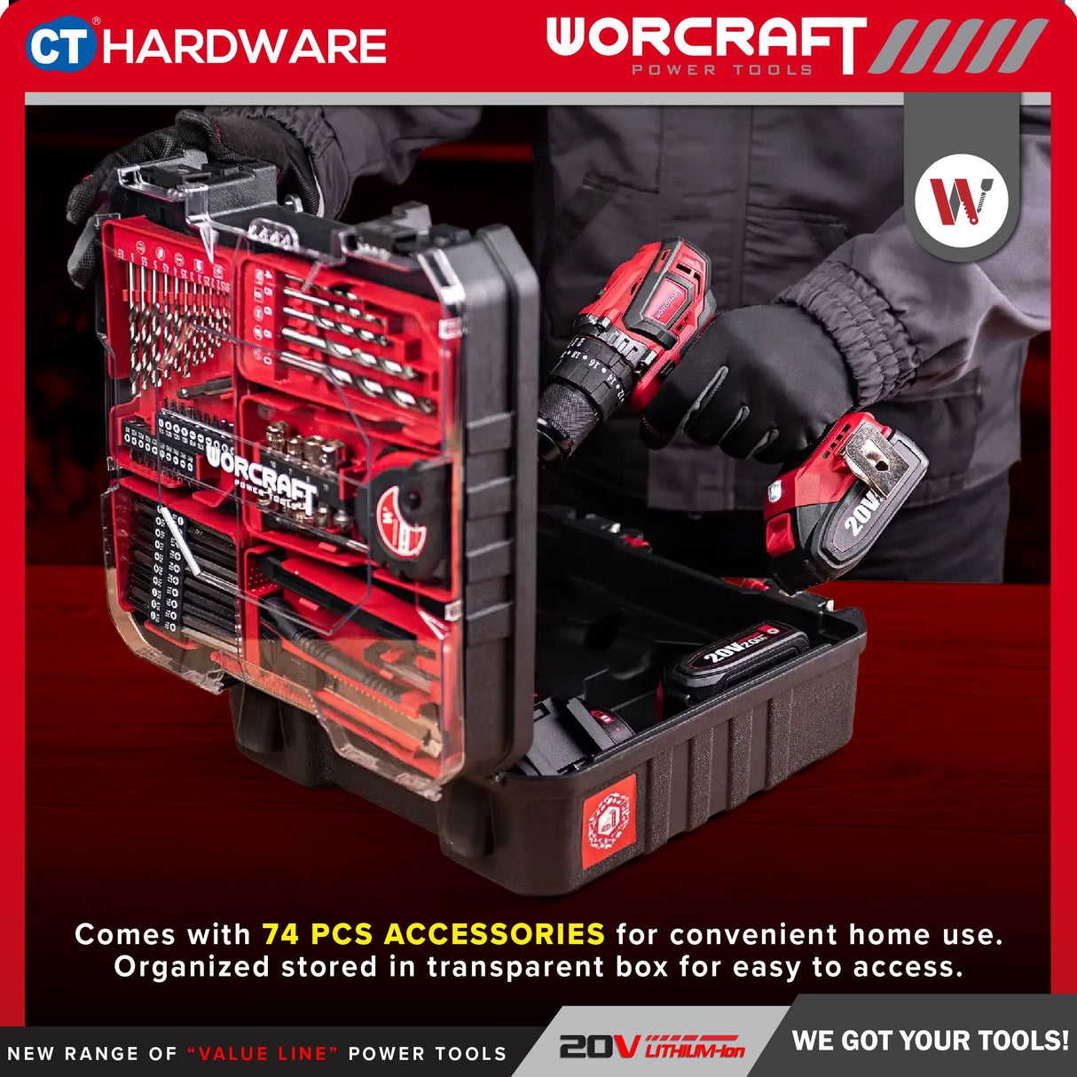 Worcraft CHD-S20LIBES Cordless Brushless Impact Drill 20v | 10mm | 50Nm Come With 2x 2.0Ah Battery, 1x Charger & 74 Accessories