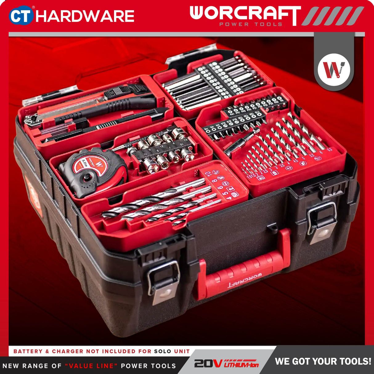 Worcraft CHD-S20LIBES Cordless Brushless Impact Drill 20v | 10mm | 50Nm Come With 2x 2.0Ah Battery, 1x Charger & 74 Accessories