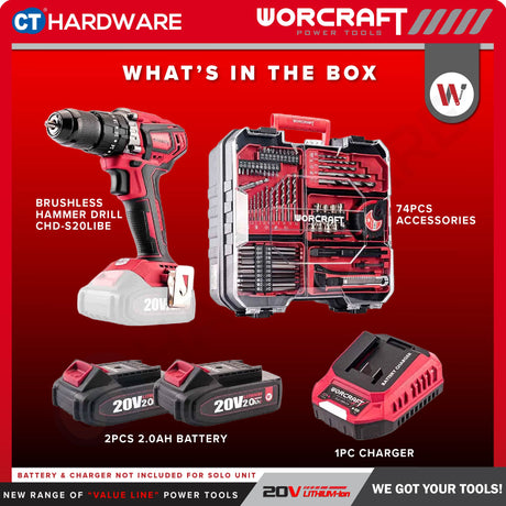 Worcraft CHD-S20LIBES Cordless Brushless Impact Drill 20v | 10mm | 50Nm Come With 2x 2.0Ah Battery, 1x Charger & 74 Accessories