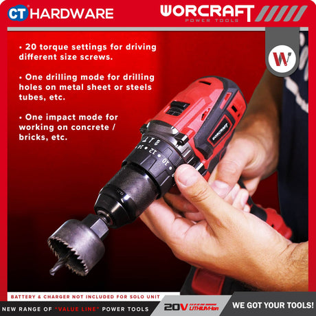 Worcraft CHD-S20LIBES Cordless Brushless Impact Drill 20v | 10mm | 50Nm Come With 2x 2.0Ah Battery, 1x Charger & 74 Accessories
