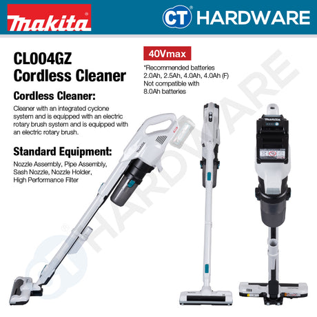 Makita CL004GZ XGT 40Vmax Cordless Brushless Cleaner Cyclone Type (Body Only | 1-Battery | 2-Battery)
