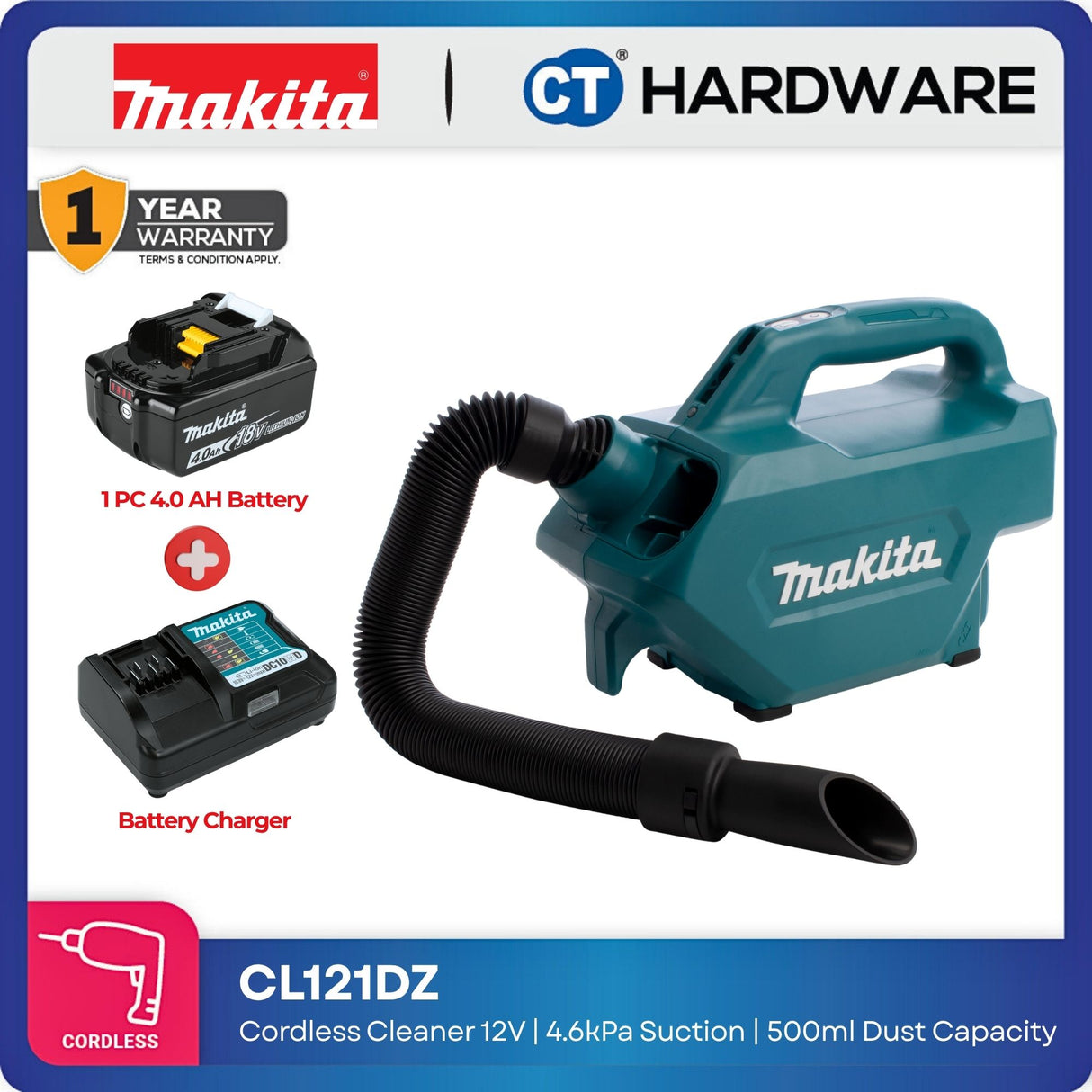 Makita CL121DZ Cordless Cleaner 12V | 4.6kPa Suction | 500ml Dust Capacity [Set Pack With 4.0Ah Battery]