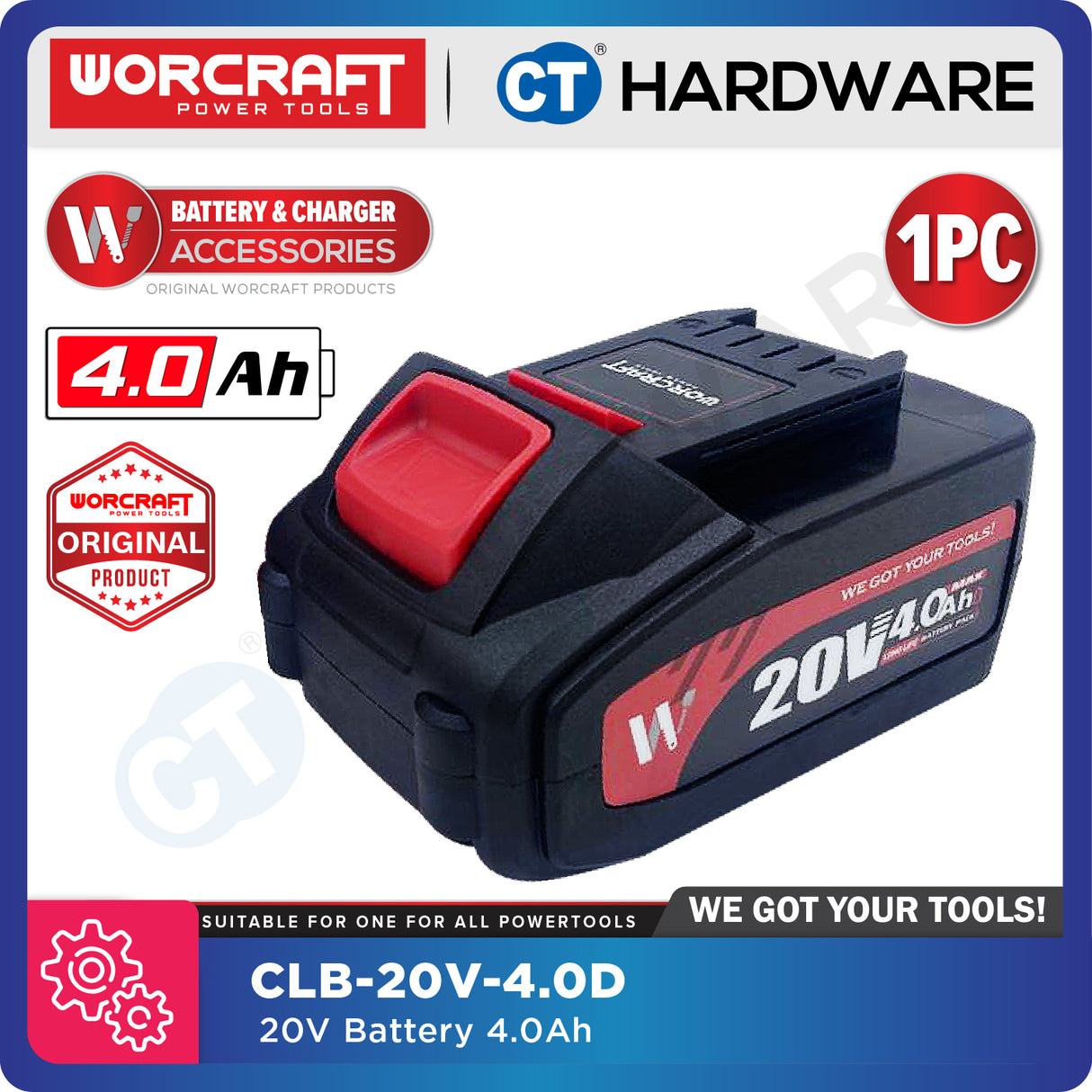 WORCRAFT CLB20V40D ORIGINAL BATTERY 20V | 4.0AH [ ONE FOR ALL BATTERY ] - 1PC