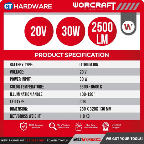 Worcraft CLED-S20Li-30WA Cordless LED Work Light 20V (Solo) [CLEDS20LI30WA]