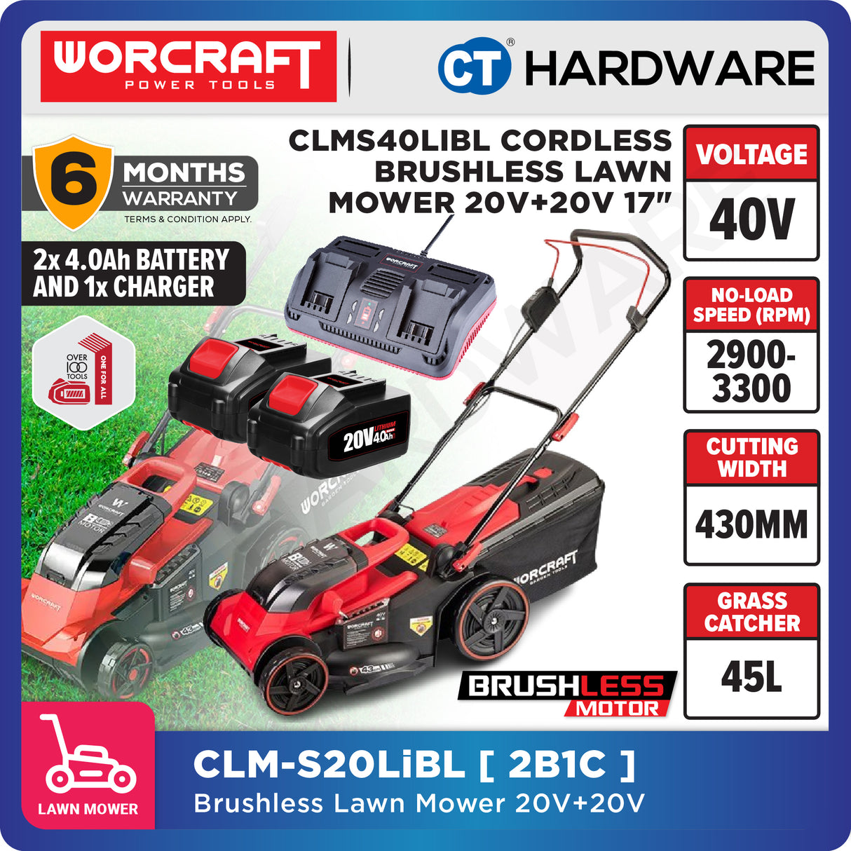 WORCRAFT CLM-S40LiBL-SOLO Cordless Brushless Lawn Mower 20V+20V 17" 3300RPM [CLMS40LIBLSOLO]