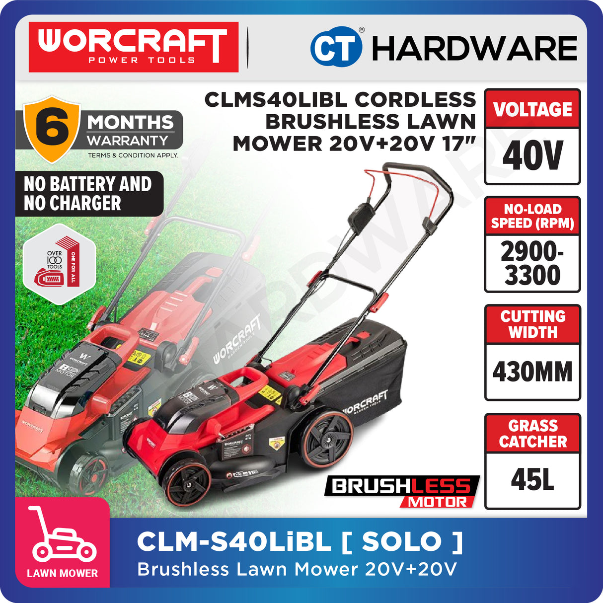 WORCRAFT CLM-S40LiBL-SOLO Cordless Brushless Lawn Mower 20V+20V 17" 3300RPM [CLMS40LIBLSOLO]