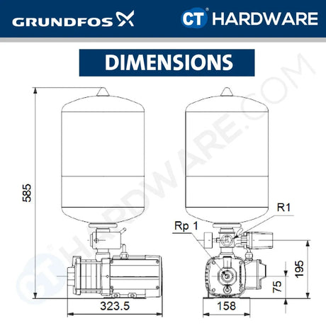 Grundfos CMB5-46PT Water Pressure Booster Pumps [0.9kW, 18L Tank]