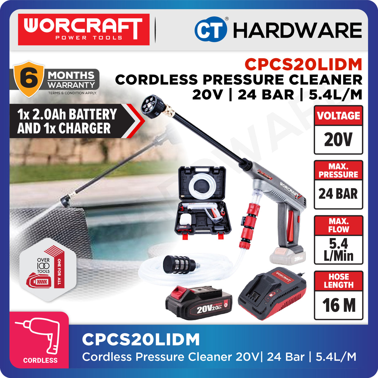 Worcraft CPCS20LIDM Cordless Pressure Cleaner 20V | 24 Bar | 5.4L/M Come With 1x 2.0Ah Battery 2.0V & 1x Charger