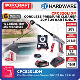 Worcraft CPCS20LIDM Cordless Pressure Cleaner 20V | 24 Bar | 5.4L/M Come With 1x 2.0Ah Battery 2.0V & 1x Charger