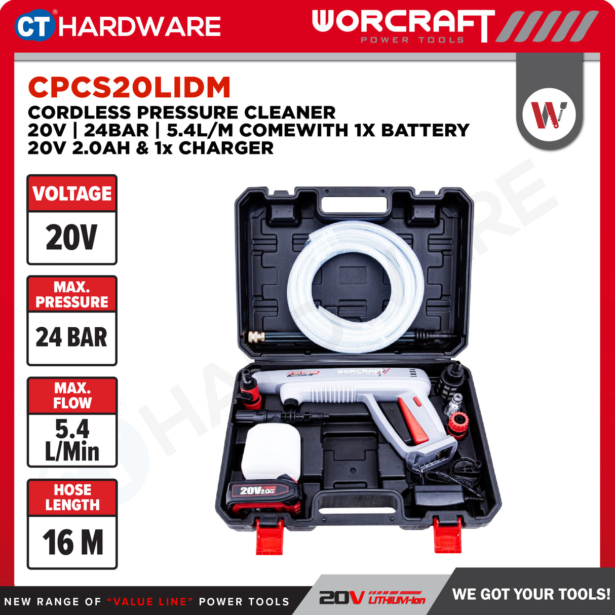 Worcraft CPCS20LIDM Cordless Pressure Cleaner 20V | 24 Bar | 5.4L/M Come With 1x 2.0Ah Battery 2.0V & 1x Charger