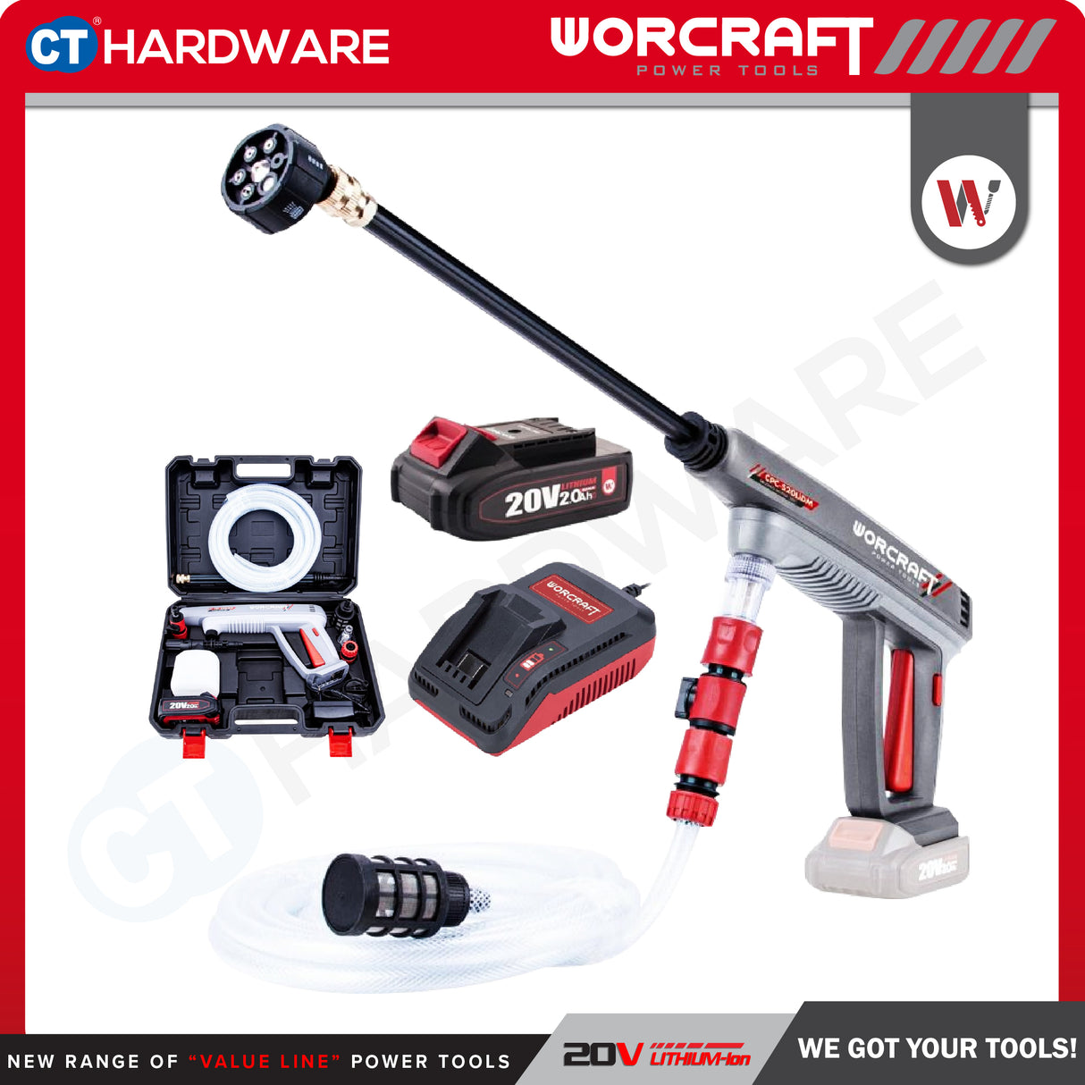 Worcraft CPCS20LIDM Cordless Pressure Cleaner 20V | 24 Bar | 5.4L/M Come With 1x 2.0Ah Battery 2.0V & 1x Charger