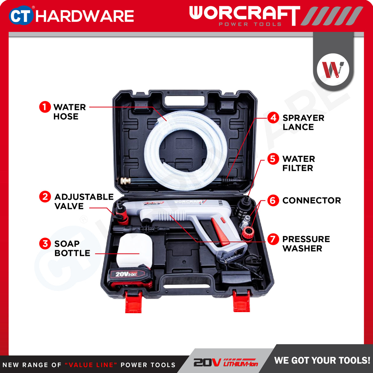 Worcraft CPCS20LIDM Cordless Pressure Cleaner 20V | 24 Bar | 5.4L/M Come With 1x 2.0Ah Battery 2.0V & 1x Charger
