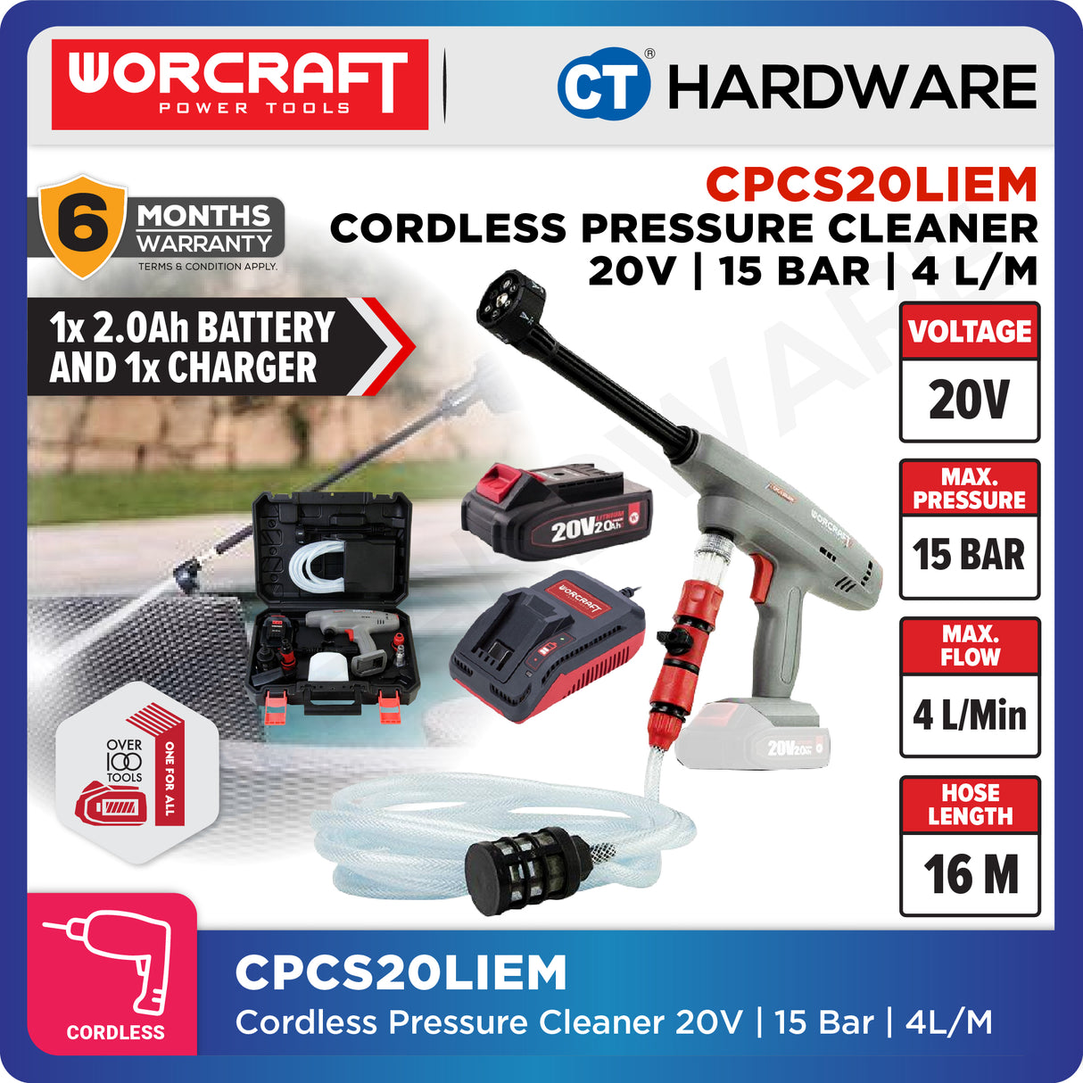Worcraft CPCS20LIEM Cordless Pressure Cleaner 20V | 15 Bar | 4L/M Come With 1x 2.0Ah Battery 2.0V & 1x Charger