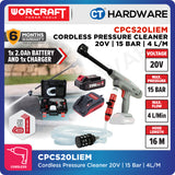 Worcraft CPCS20LIEM Cordless Pressure Cleaner 20V | 15 Bar | 4L/M Come With 1x 2.0Ah Battery 2.0V & 1x Charger