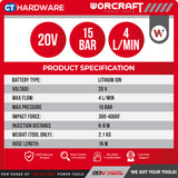 Worcraft CPCS20LIEM Cordless Pressure Cleaner 20V | 15 Bar | 4L/M Come With 1x 2.0Ah Battery 2.0V & 1x Charger