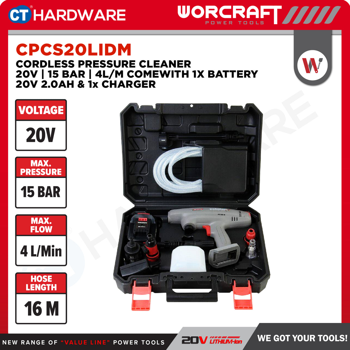 Worcraft CPCS20LIEM Cordless Pressure Cleaner 20V | 15 Bar | 4L/M Come With 1x 2.0Ah Battery 2.0V & 1x Charger