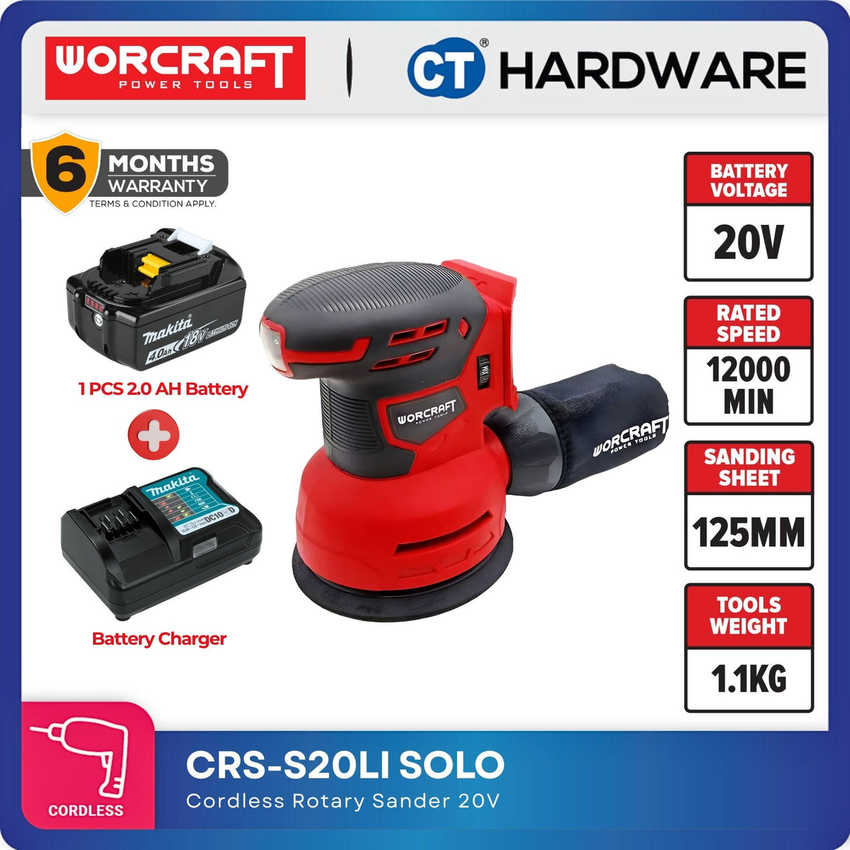 WORCRAFT CRSS20LI Cordless Rotary Sander 20V 125mm | 12,000 OPM | Set with 2.0Ah Battery + Charger