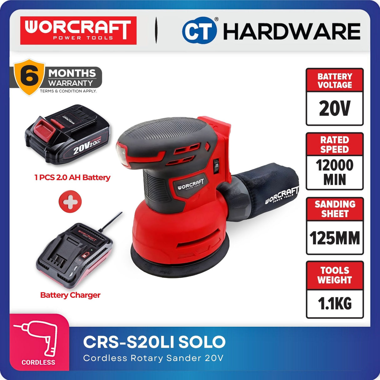 WORCRAFT CRSS20LI Cordless Rotary Sander 20V 125mm | 12,000 OPM | Set with 2.0Ah Battery + Charger