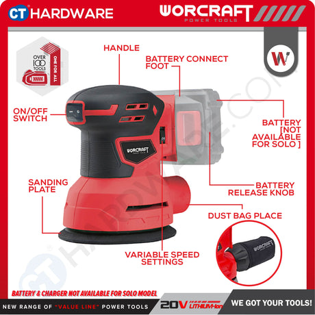 WORCRAFT CRSS20LI Cordless Rotary Sander 20V 125mm | 12,000 OPM | Set with 2.0Ah Battery + Charger