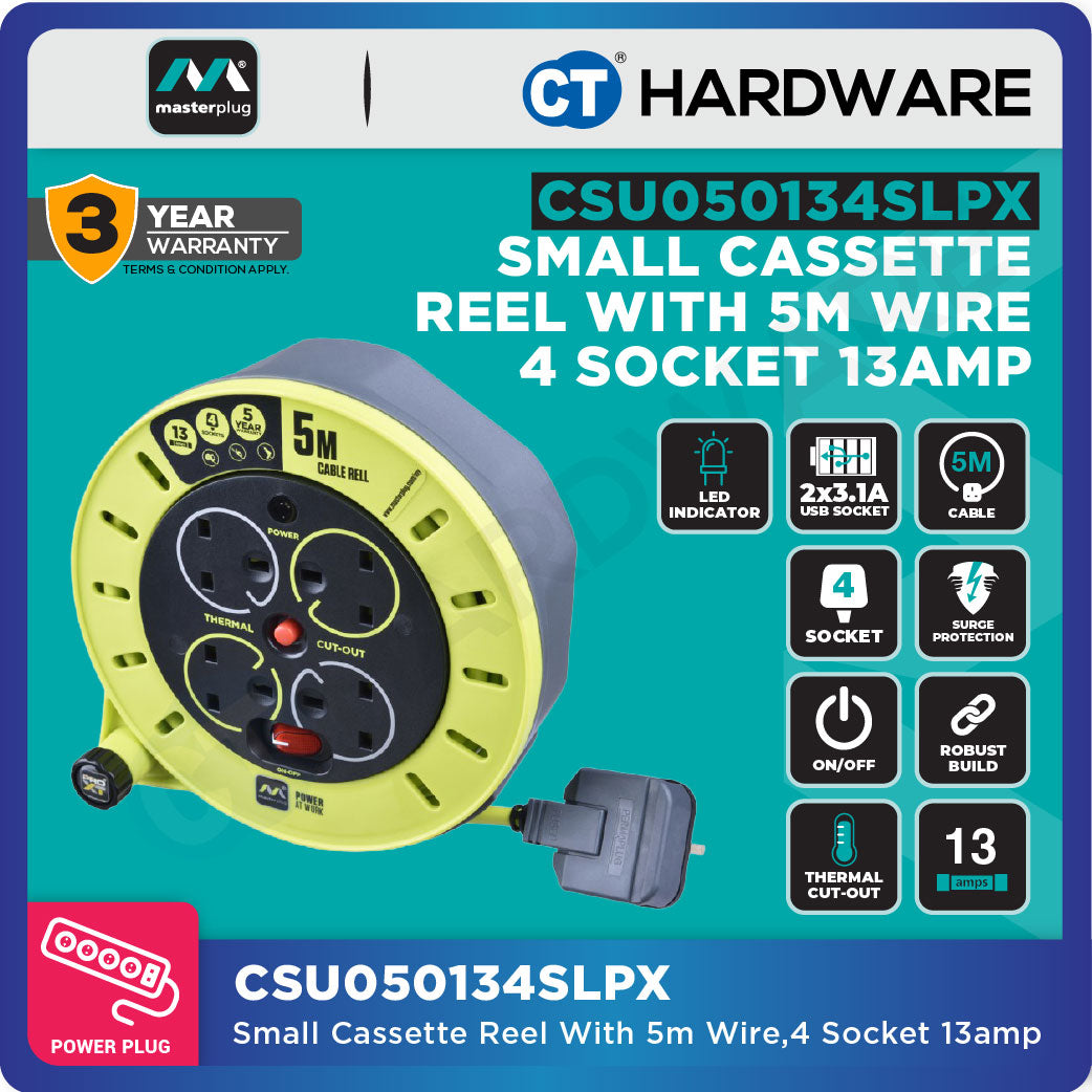 MASTERPLUG CSU050134SLPX SMALL CASSETTE  REEL WITH 5M WIRE,4 SOCKET 13AMP