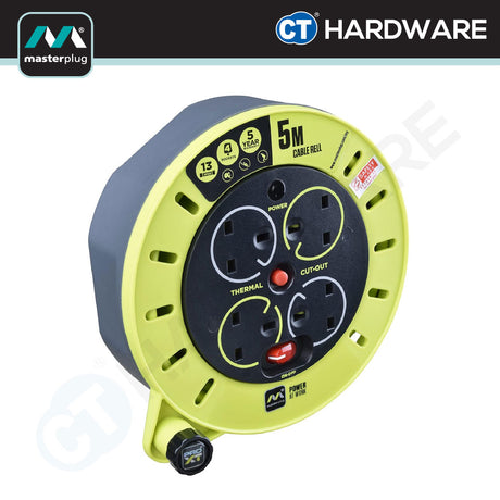 MASTERPLUG CSU050134SLPX SMALL CASSETTE  REEL WITH 5M WIRE,4 SOCKET 13AMP
