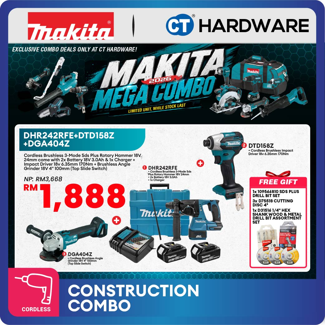 Makita DHR242RFE + DTD158Z + DGA404Z 3-Tool Combo Set LXT 18V Cordless Brushless Rotary Hammer, Impact Driver and 100mm Angle Grinder