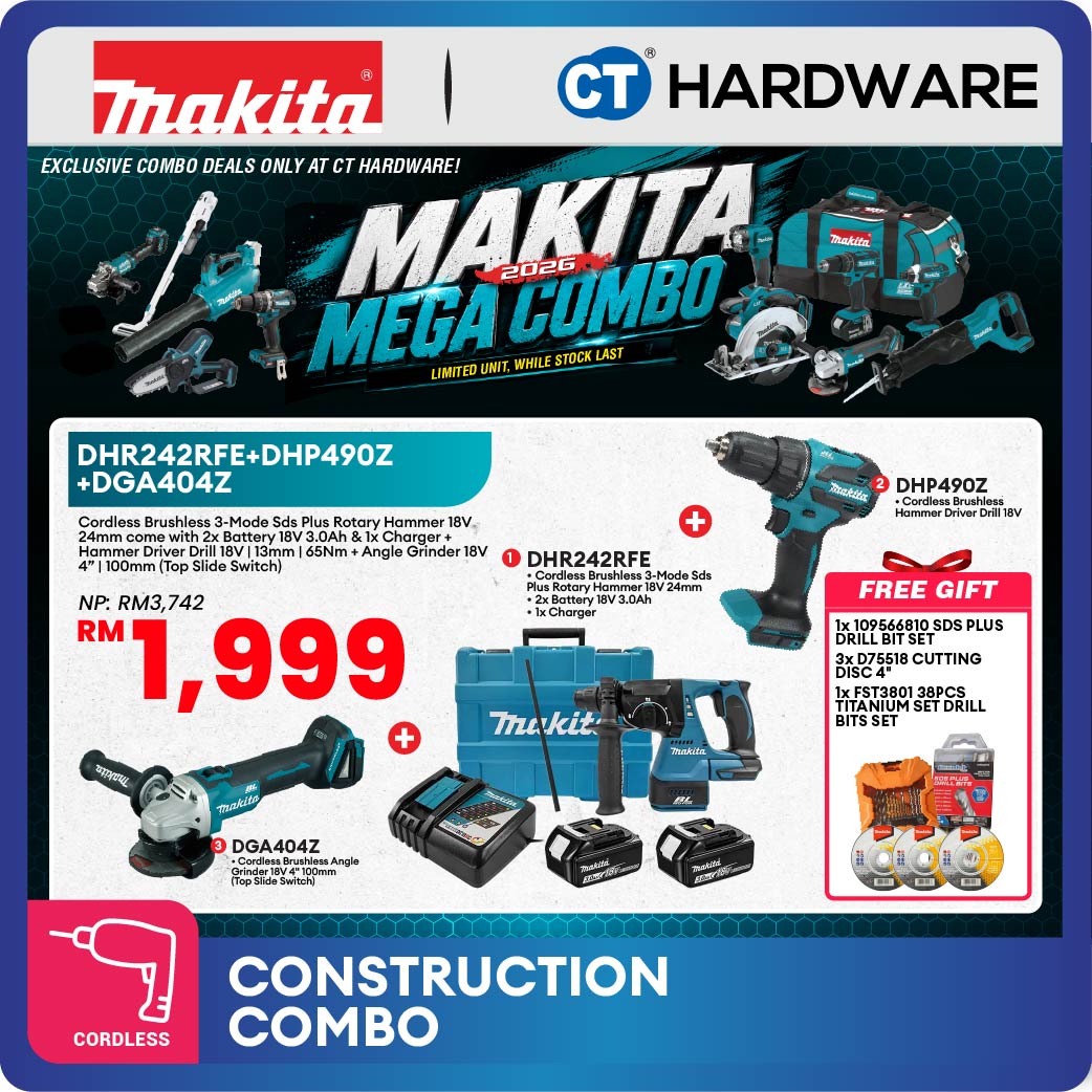 Makita DHR242RFE + DHP490Z + DGA404Z 3-Tool Combo Set LXT 18V Cordless Brushless Rotary Hammer, Hammer Driver Drill and 100mm Angle Grinder