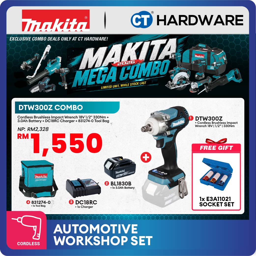 Makita DTW300Z LXT 18V Cordless Brushless Impact Wrench 1/2 inch 330Nm With Battery, Charger and Bag Kit