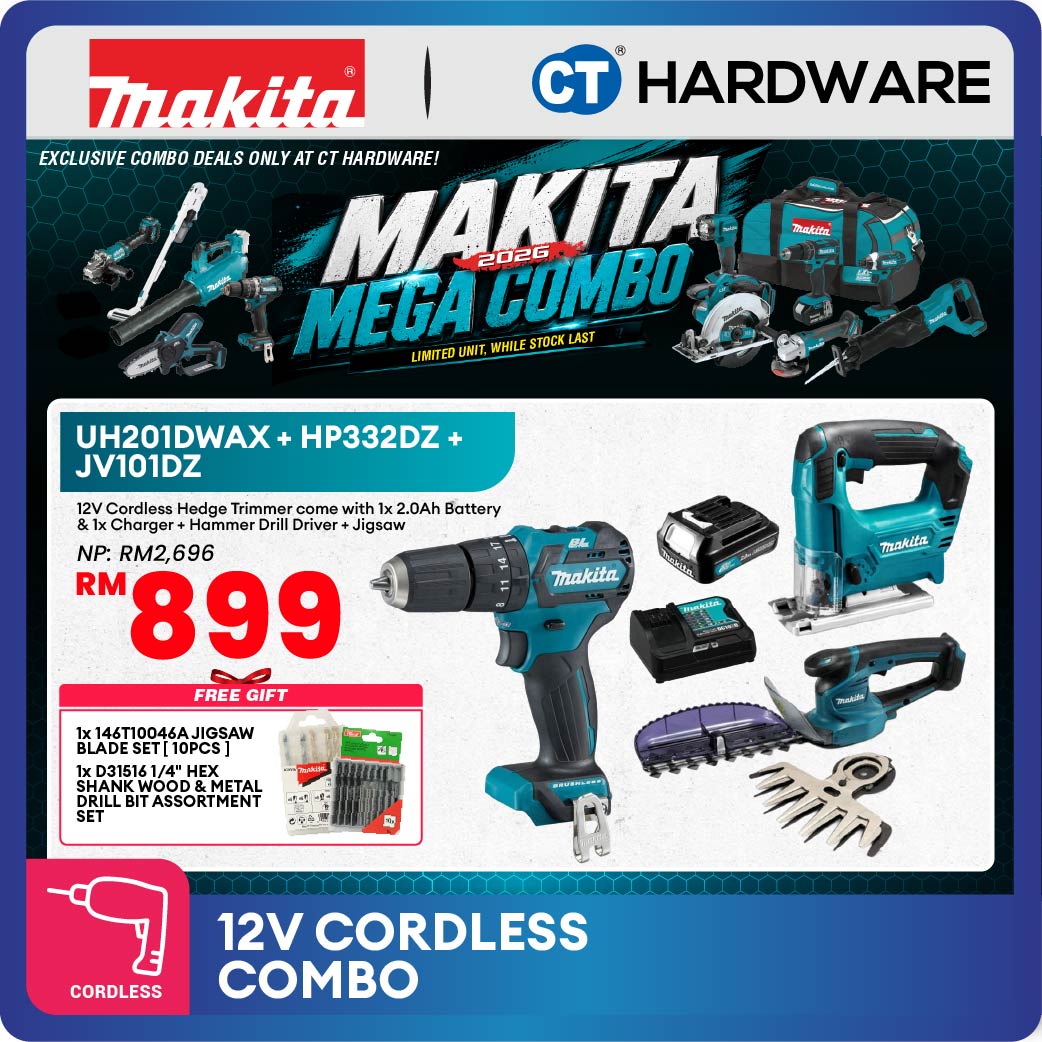 Makita UH201DWAX + HP332DZ + JV101DZ 3-Tool Combo Set CXT 12Vmax Cordless 200mm Hedge Trimmer, Brushless Hammer Driver Drill and Jig Saw