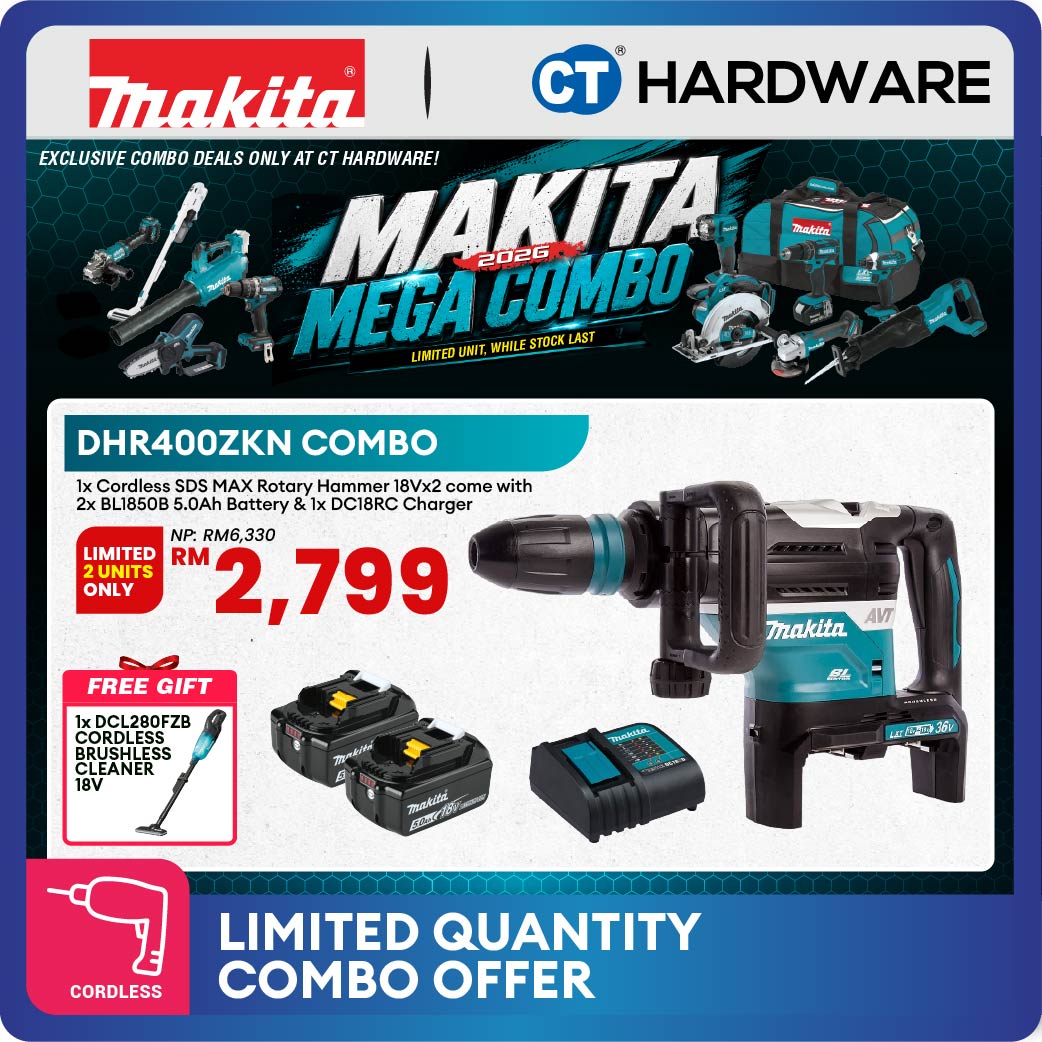 Makita DHR400ZKN LXT 18Vx2 Cordless Brushless SDS-MAX Rotary Hammer 40mm 8.0J With 2×5.0Ah Batteries and Charger Kit