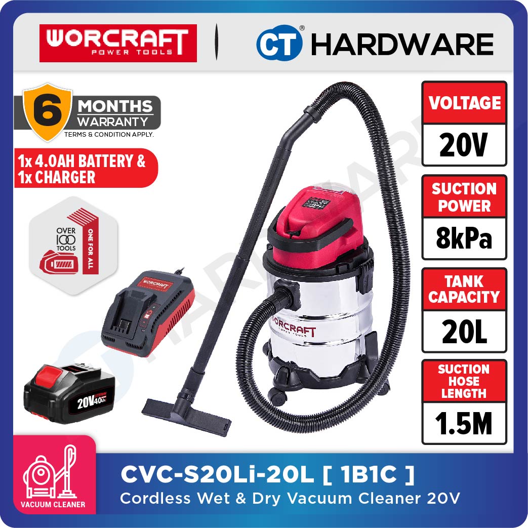 WORCRAFT CVCS-S20LI20 Cordless Wet & Dry Vacuum Cleaner 20V 20L [Set Pack With 4.0Ah Battery] [ONE FOR ALL]