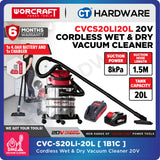 WORCRAFT CVCS-S20LI20 Cordless Wet & Dry Vacuum Cleaner 20V 20L [Set Pack With 4.0Ah Battery] [ONE FOR ALL]