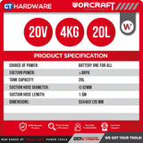 WORCRAFT CVCS-S20LI20 Cordless Wet & Dry Vacuum Cleaner 20V 20L [Set Pack With 4.0Ah Battery] [ONE FOR ALL]