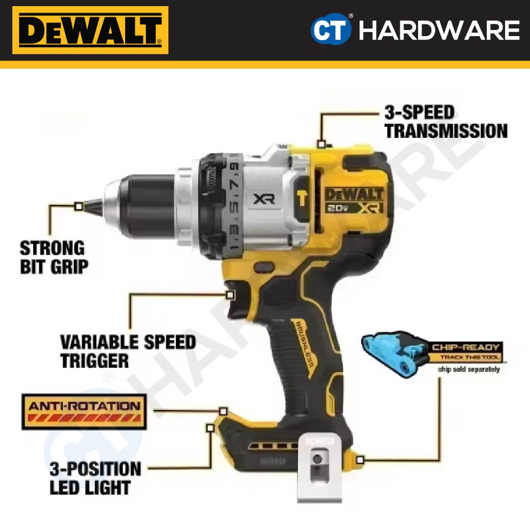 DEWALT DCD1007H1T-B1 CORDLESS HAMMER DRILL 20V 1/2" 13MM 169NM COME WITH 1x DCBP520 POWERSTACK BATTERY  &  1x CHARGER