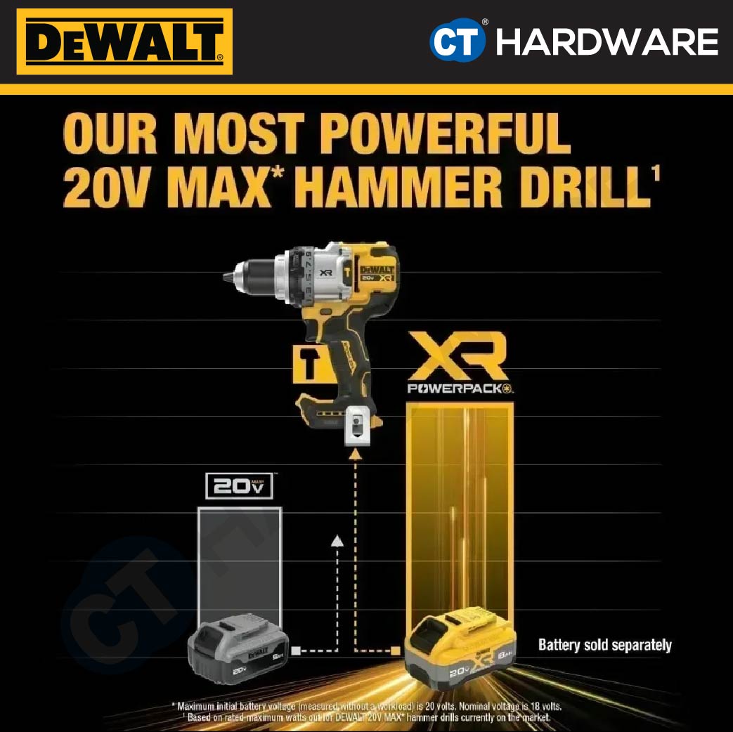 DEWALT DCD1007H1T-B1 CORDLESS HAMMER DRILL 20V 1/2" 13MM 169NM COME WITH 1x DCBP520 POWERSTACK BATTERY  &  1x CHARGER