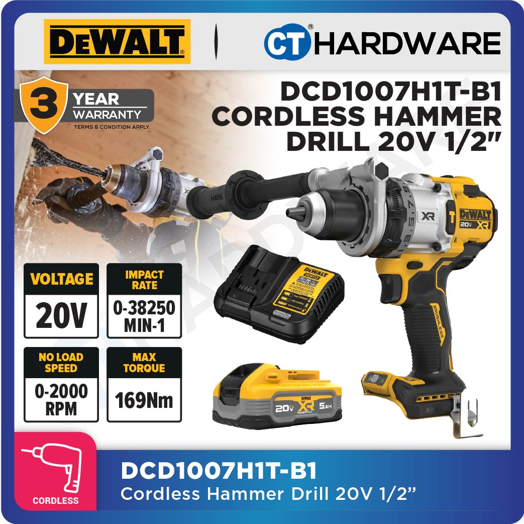 DEWALT DCD1007H1T-B1 CORDLESS HAMMER DRILL 20V 1/2" 13MM 169NM COME WITH 1x DCBP520 POWERSTACK BATTERY  &  1x CHARGER